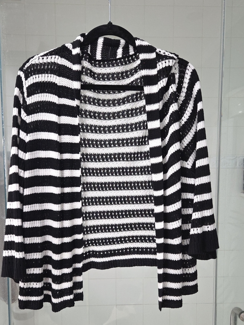 Black and White Striped Open-Front Women's Sweater